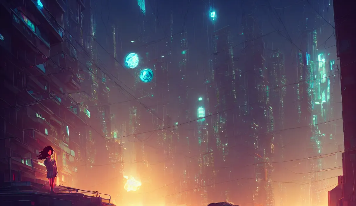 Image similar to girl staring at a meteorite hitting a floating cyberpunk city at night by wlop, low poly art, ultra detailed color art, high detail, digital art