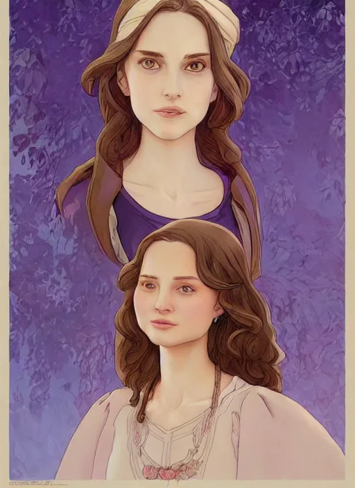 Image similar to well - lit art nouveau face portrait of a 1 3 - year old girl wih resembles natalie portman and emily browning acting shy on a bridge, natural lighting, path traced, highly detailed, high quality, cartoon, digital painting, by don bluth and ross tran and studio ghibli