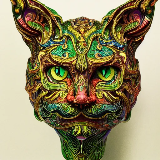 Image similar to beautiful colourful highly detailed incredibly ornate decorative cat face green man 3 d sculplture by walter crane and william morris and kilian eng, closeup, twisting leaves, tiny fine flowing lines, abstract psychedelic, 8 k, artstation