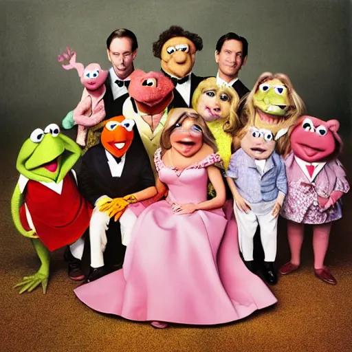 Prompt: Kermit, Miss Piggy and their offsprings, by Martin Schoeller