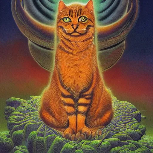 Image similar to a cat having an ego trip, by alex grey, by Esao Andrews and Karol Bak and Zdzislaw Beksinski and Zdzisław Beksiński, trending on ArtStation