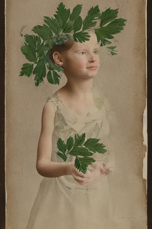 Image similar to a portrait of a girl wearing a dress made up of leaves