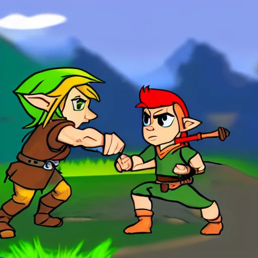 Image similar to a cartoon version of Link, fighting a Bokoblin