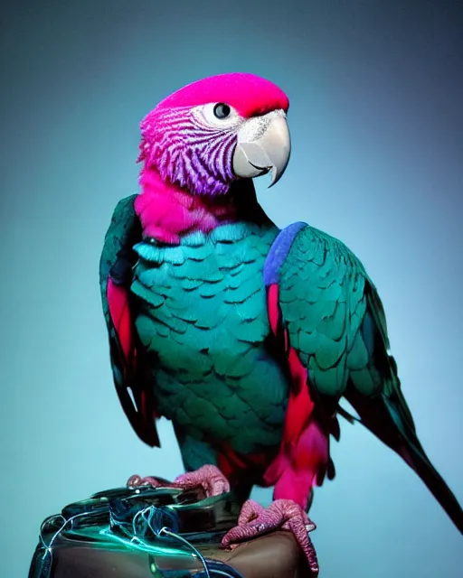 Image similar to natural light, soft focus portrait of a cyberpunk anthropomorphic parrot with soft synthetic pink skin, blue bioluminescent plastics, smooth shiny metal, elaborate ornate head piece, skin textures, by annie leibovitz, paul lehr
