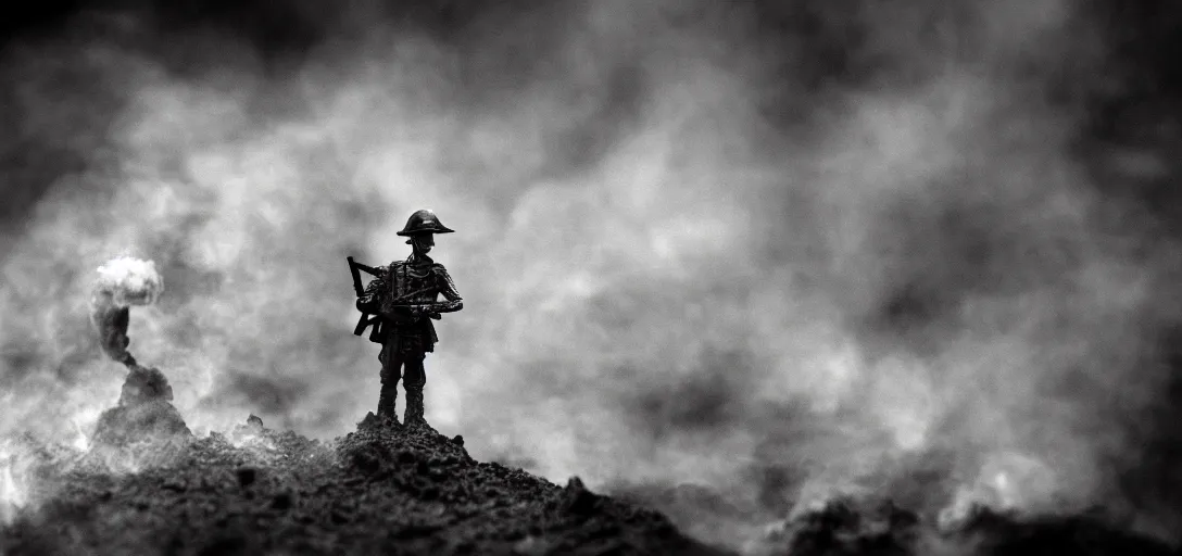 Prompt: iridescent smoke, tilt shift wwi alien pondering over a dug out trench, dramatic light, zdzidaw, ultrafine, hyperrealistic, 3 2 k, 3 5 mm film still, movie