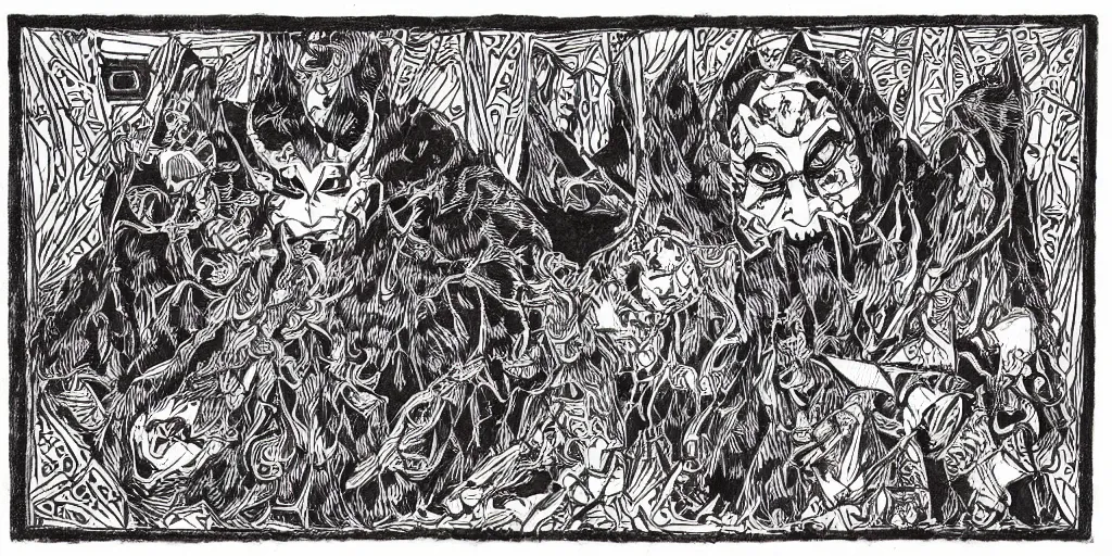Prompt: scan of book with intricate geometrical and patterned ink drawings of tyrolean folklore masks, krampus, folklore, dance, dolomites, scary dark, dark ink, old paper