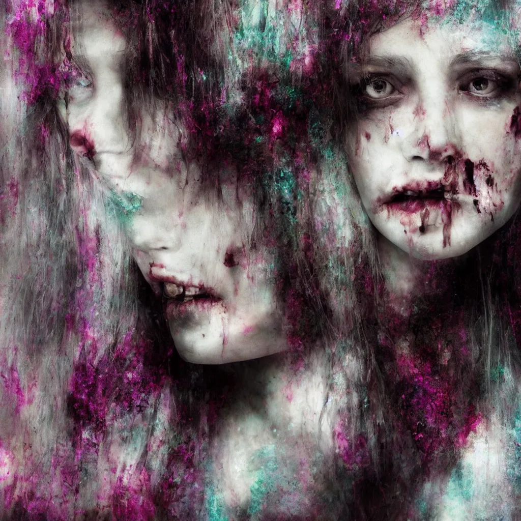 Prompt: a portriat of ghost girl, close up face of single girl on throne, wispy ink horror, neochrome colors, realistic render, portrait of beautiful pale woman, zombie art, photo pic by matte painting