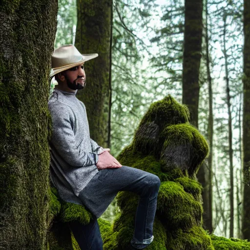 Image similar to portrait of a man with hat made of moss, 4k, full shot, high details, natural light, Forrest in background