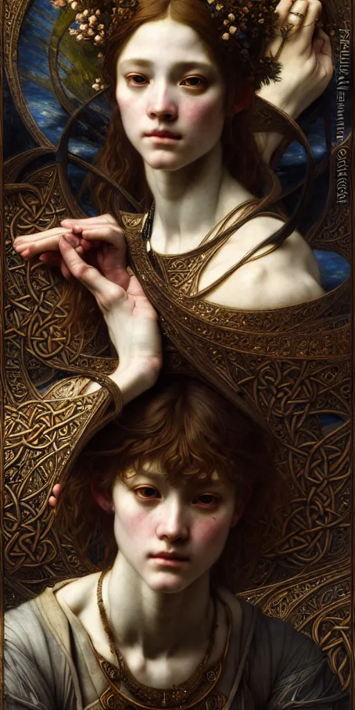 Image similar to masterpiece veracious pertinence salve Reginae, masterpiece by Edgar Maxence and Ross Tran and Michael Whelan and Caravaggio artistic, intricate drawing, realistic fantasy, extremely detailed and beautiful aesthetic celtic face, establishing shot, 8k resolution, dramatic lighting,