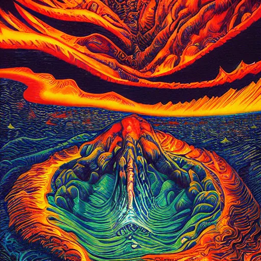 Image similar to vulcano, lava, ocean, surreal by dan mumford and umberto boccioni, oil on canvas