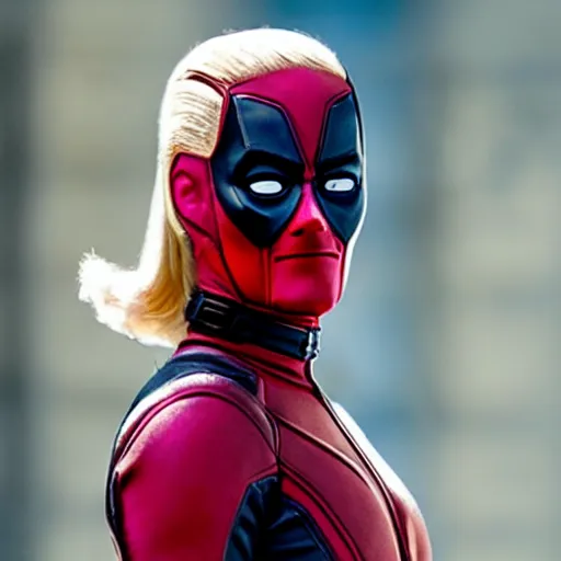 Image similar to film still, Margot Robbie in deadpool suit