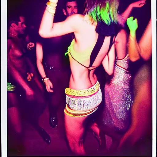 Image similar to polaroid of an attractive woman dancing, ibiza techno club, night, neon lighting, by mario testino : : ornate, dynamic, particulate, intricate, elegant, highly detailed, vogue, harper's bazaar art, fashion magazine, smooth, sharp focus, 8 k