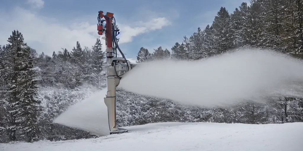 Prompt: snowmaking machine, snowy mountains at background, realistic, 8 k