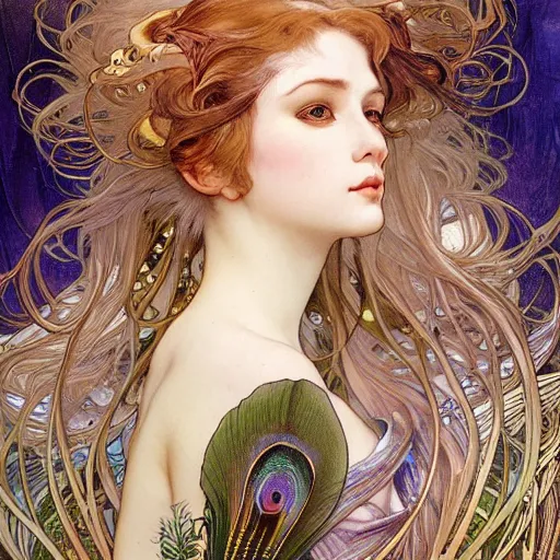 Prompt: realistic detailed face portrait of monkey with iridescent peacock feathers in her hair by Alphonse Mucha, Ayami Kojima, Amano, Charlie Bowater, Karol Bak, Greg Hildebrandt, Jean Delville, and Mark Brooks, Art Nouveau, Neo-Gothic, gothic, rich deep moody colors, rule 34