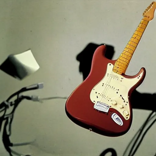 Image similar to photo of a stratocaster electric guitar sitting idle during the moon landing. detailed