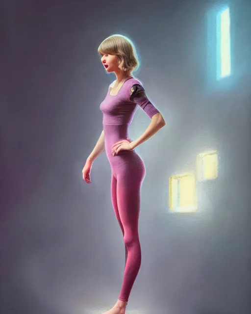 Image similar to highly detailed vfx portrait of, taylor swift in leggings by stephen bliss, chalk, unrealengine, greg rutkowski, loish, rhads, beeple, chalk, makoto shinkai and lois van baarle, ilya kuvshinov, rossdraws, tom bagshaw, basil gogos