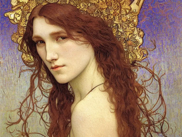 Image similar to detailed realistic beautiful young medieval queen face portrait by jean delville, alphonse mucha, vincent van gogh, and marco mazzoni, art nouveau, symbolist, visionary, gothic, pre - raphaelite