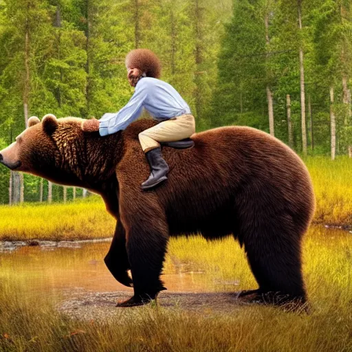 Image similar to a photo of bob ross riding on the back of a brown bear, outdoor, hyperrealistic, shutterstock contest winner, digital art, national geographic photo, stockphoto, majestic