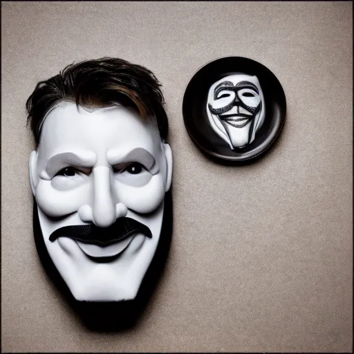 Image similar to dr nathan fillion in the style of guy fawkes mask, professional food photography