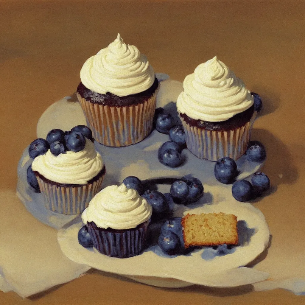 Image similar to painting of 1 blueberry cupcake with creme topping by Edward Hopper