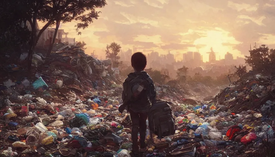 Image similar to poor detailed child with backpack looking for food at garbage dump, city is pure wasteland, moody sunset in background, greg rutkowski, alphonse mucha, trending on artstation, artgerm, unreal engine, breathtaking, award winning, highly detailed