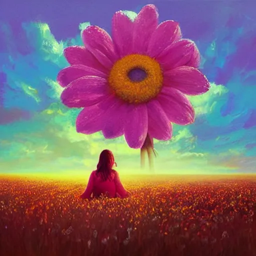 Image similar to giant daisy flower as head, girl sitting in a flower field, surreal photography, sunrise, dramatic light, impressionist painting, colorful clouds, digital painting, artstation, simon stalenhag