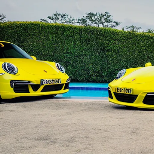 Image similar to a yellow porsche 9 1 1 in a palm beach swimming pool