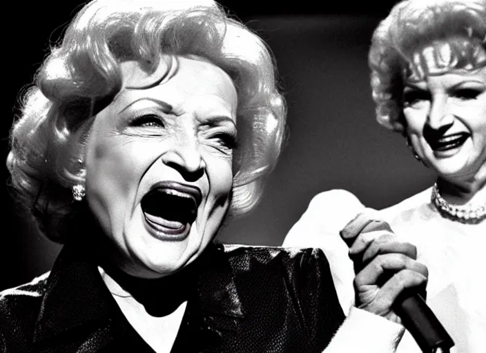 Image similar to publicity photo still of betty white as a gangsta rapper live on stage, 8 k, live concert lighting, mid shot