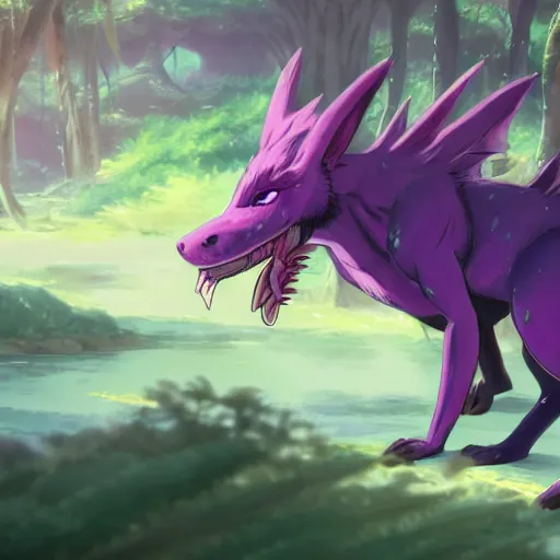 Prompt: concept art painting of a purple anime furry anthro dragon, in the deep forest, realistic, detailed, cel shaded, in the style of makoto shinkai and greg rutkowski and james gurney