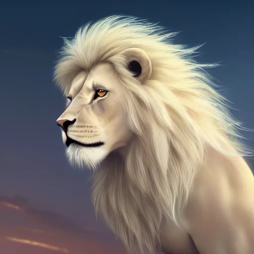 Prompt: a beautfiul aesthetic commission portrait of a anthro albino lion looking at the sky worried,attractive beautiful face,detailes face,expression,natural lighting,fantasy art,deviantart,artstation,character design by charles bowater,ross tran,4k,photorealistic