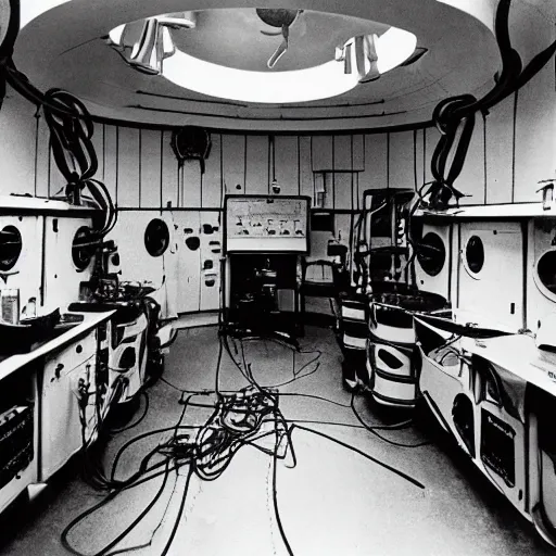 Image similar to interior of alien laboratory with strange device at the center of a room, color photograph