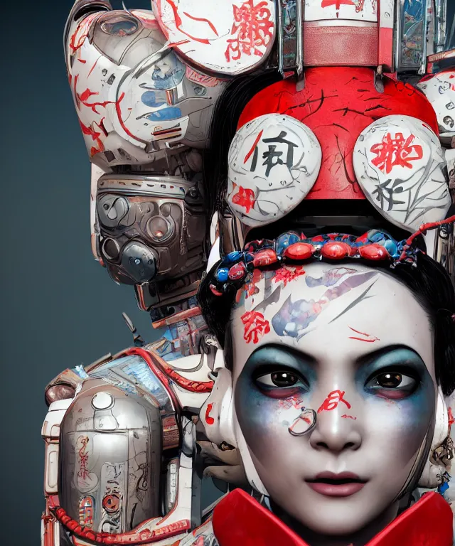 Image similar to an epic fantastic realism comic book style portrait painting of a japanese robotic geisha with kanji tattoos and decals, apex legends, octane render, intricate detail, 4 k hd, unreal engine 5