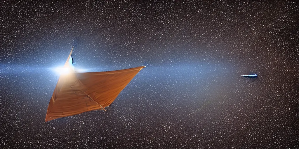 Image similar to medium close up of a solar sail probe entering a solar system carrying a dead alien. The probe is from an isolated star in a thick dust cloud, UE5, 8K, 4K