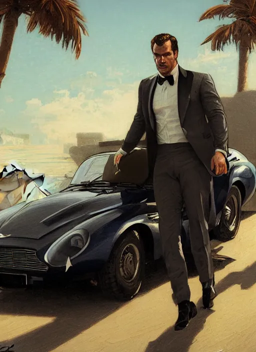 Image similar to portrait of henry cavill as james bond, key art, sprinting, palm trees, vintage aston martin, highly detailed, digital painting, artstation, concept art, cinematic lighting, sharp focus, illustration, by gaston bussiere alphonse mucha