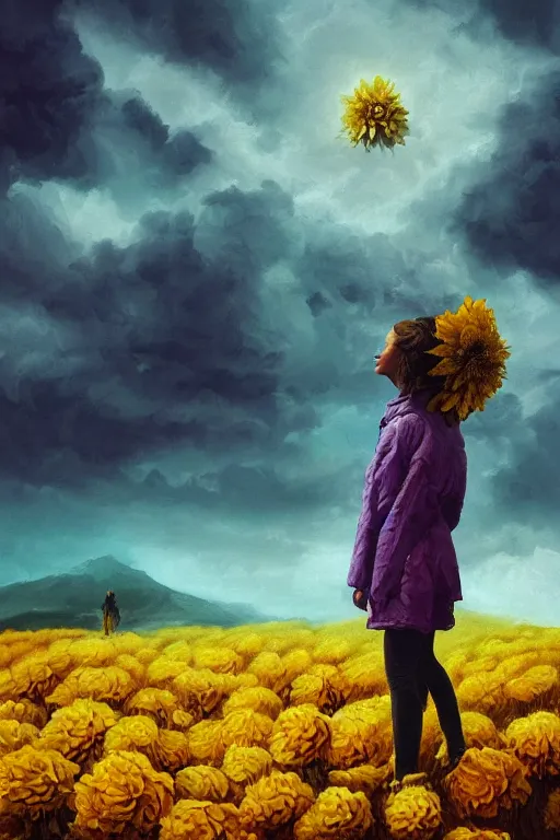 Image similar to closeup girl with huge yellow dahlia flower face, intricate, standing on mountain, surreal photography, blue storm clouds, dramatic light, impressionist painting, digital painting, artstation, simon stalenhag