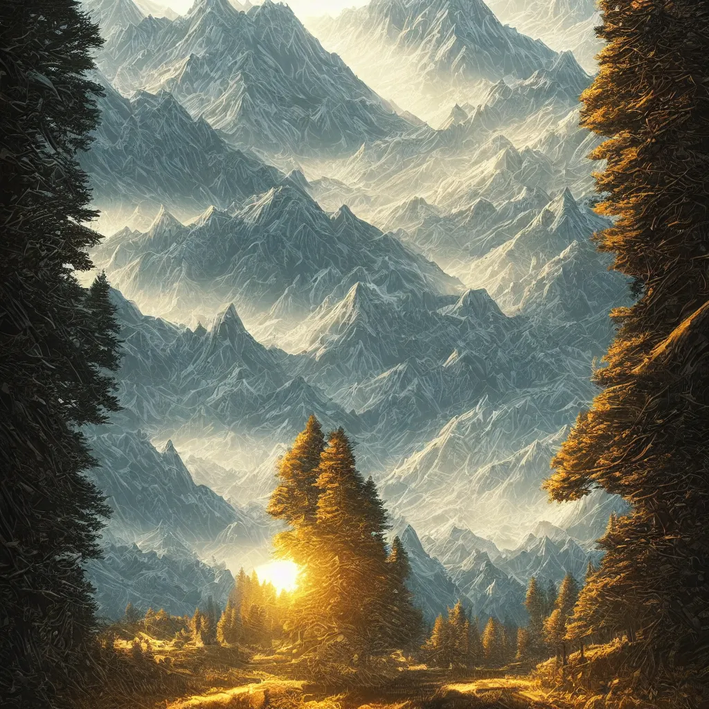 Image similar to a beautiful landscape with trees and mountains, by dan mumford, artstation, behance, highly detailed, concept art, dramatic lighting