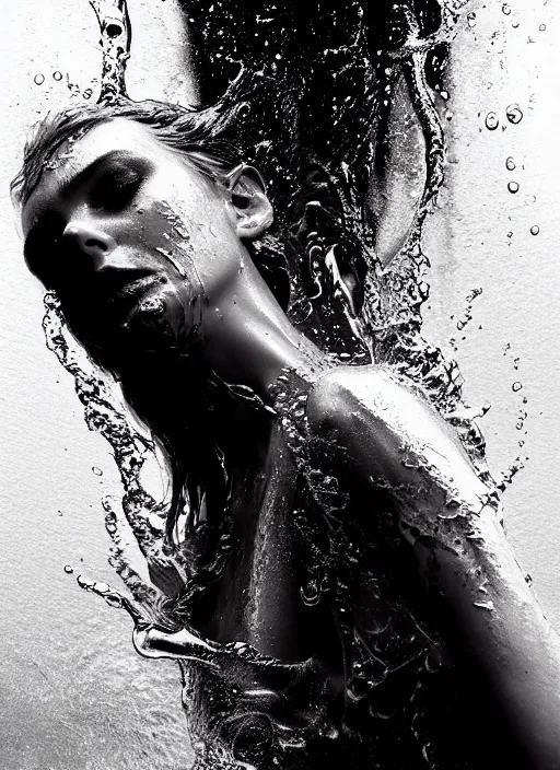 Image similar to sensual wet fashion model in soda water, in the style of irakli nadar, liquid metal top, effervescent, warm, dark, brooding, poster art, high detail, hyperrealistic watercolor, deep mood, hyperrealism, 3 d, epic and cinematic, roger deakins on cinematography