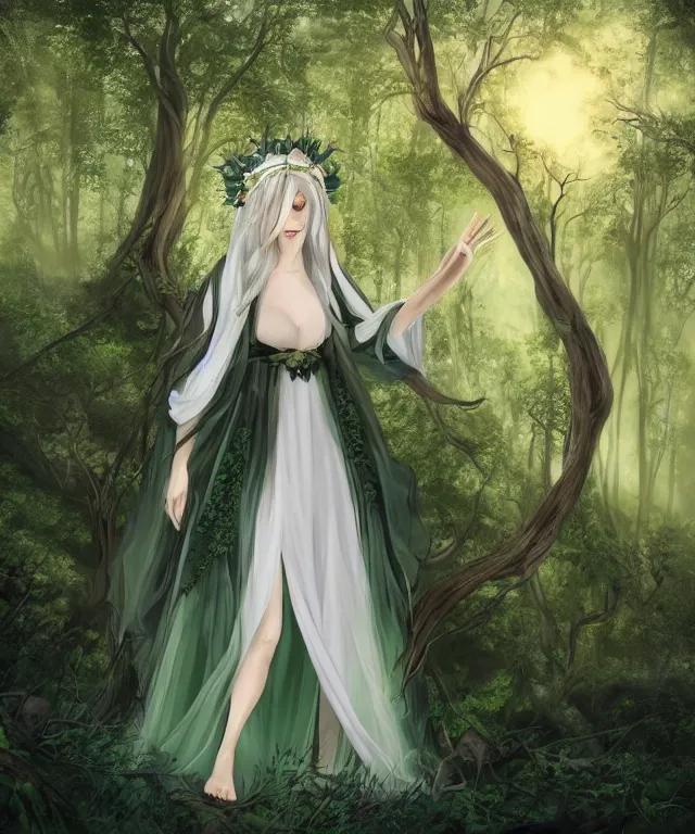 Image similar to young beautiful fey druid woman, full body portrait, white hair, flower crown, dark green robes, intricate, standing in a dark forest, sunbeams, illustration, romanticism