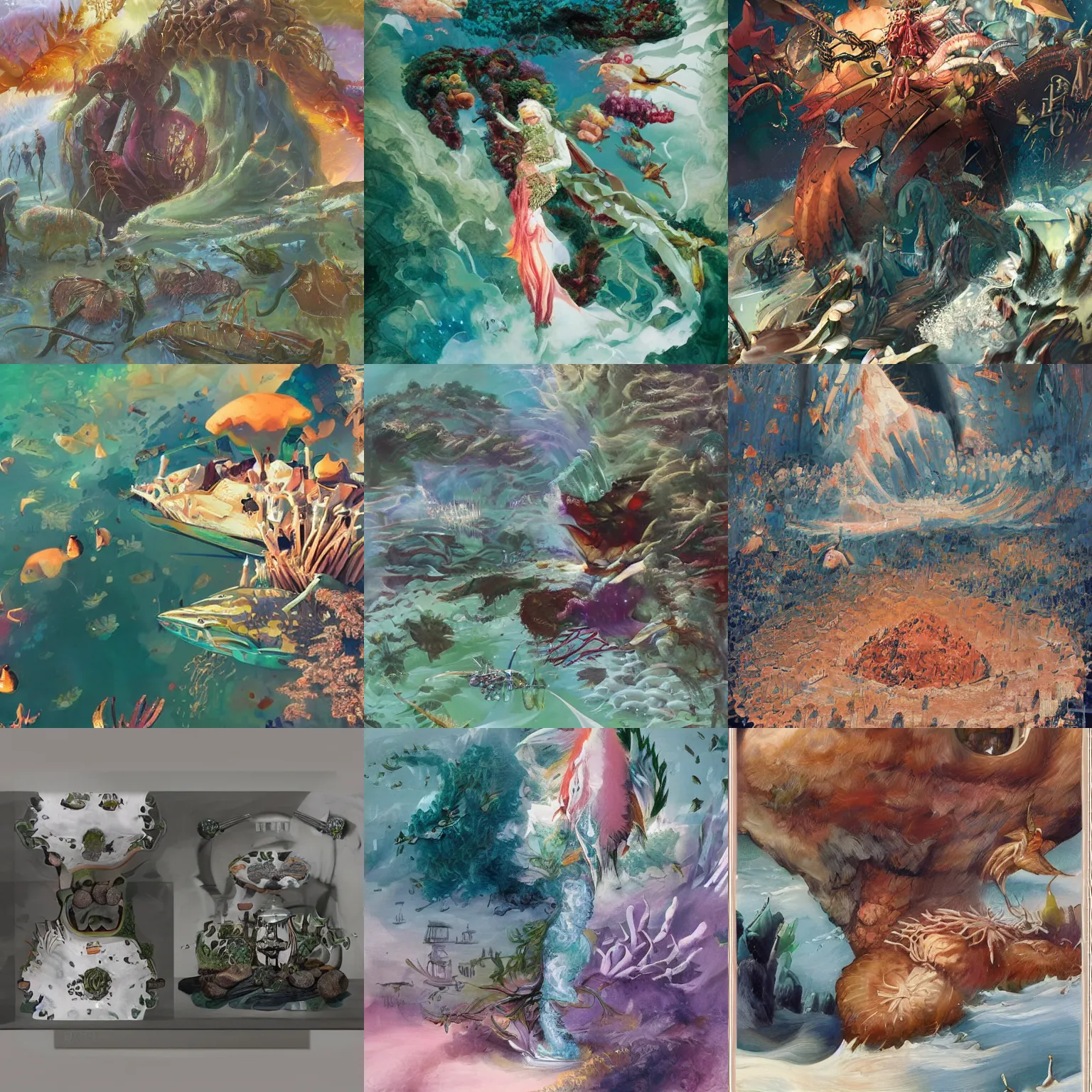 Prompt: a coral reef filled with swordfish in the style of peter mohrbacher