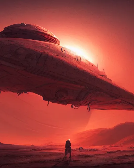 Image similar to ancient space ship, desert planet, cinematic, highly detailed, scifi, intricate digital painting, sunset, red glow, illustration, artstation, by wiktor ohman