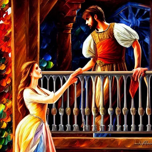 Image similar to highly detailed painting of shakespeare's romeo and juliet, balcony scene. intricate, high quality oil painting artstyle, in the style of leonid afremov, deviantart, figurative art, deviantart, ilya kuvshinov, lovecraftian, very detailed face, portrait