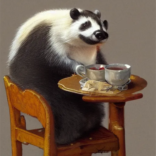 Prompt: Norman Rockwell painting of a fat badger drinking tea, artstation, furaffinity, high res, 4k