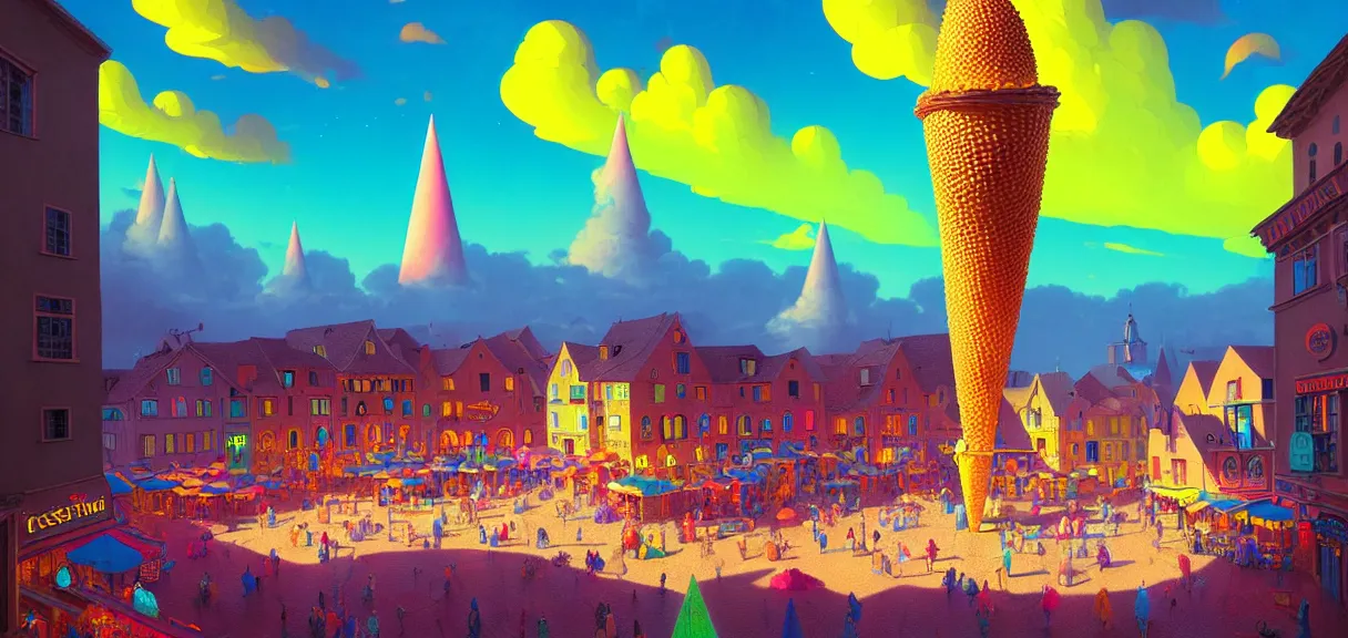 Prompt: post - minimalism portrait of a giant ice cream cone in the town square of a medieval village, bird's eye view, golden clouds, vibrant uv reactive neon psychedelic color scheme, highly detailed, in the style of romanticism, cinematic, artstation, moebius, greg rutkowski