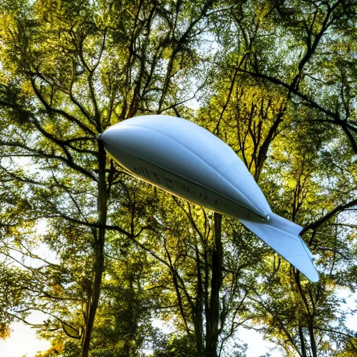 Prompt: an airship skimming the tree tops at dawn