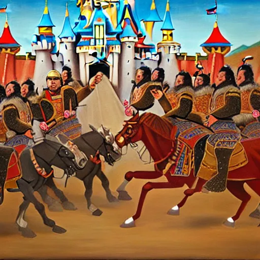 Prompt: genghis khan and his mongol horde ransacking disneyland, oil on canvas