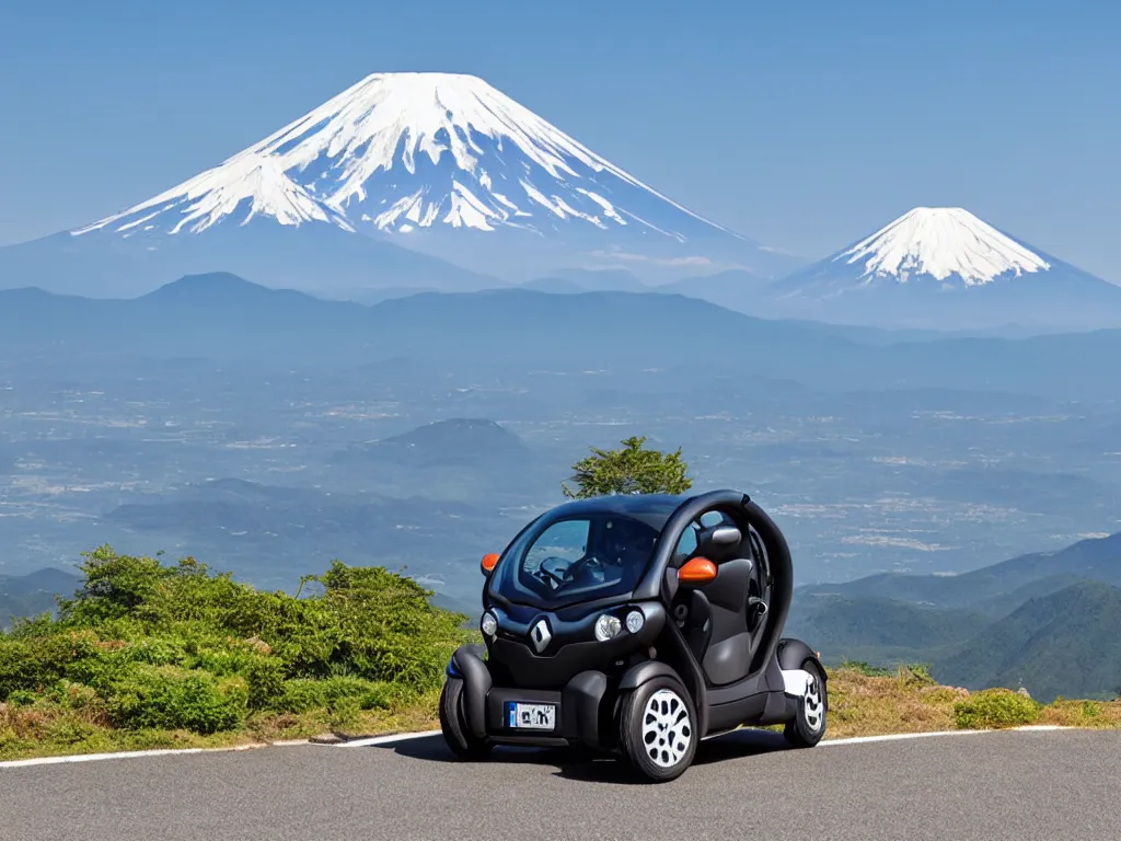 Prompt: Renault Twizy parked at a scenic viewpoint with mount Fuji in the background, manga visual