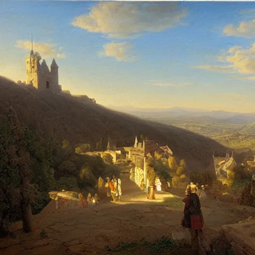 Image similar to a painting of a medieval town on top of a mountain, a matte painting by Charles Cundall,hudson river school, matte painting, rococo, detailed painting