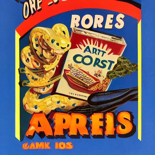 Image similar to an advertisement for a cereal meant to be eaten by snakes circa 1 9 5 0 s, art,