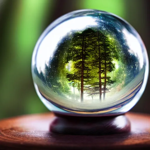 Prompt: a whole universe inside a cosmic crystal ball standing on a mahogany stand on a table in a secret magical forest. Highly detailed, cinematic quality, 8k