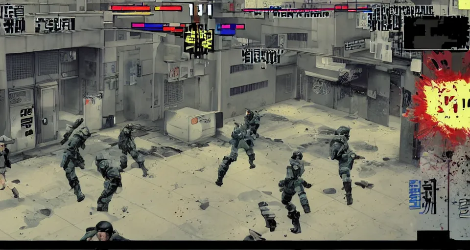 Prompt: 1993 Video Game screenshot for Akira style Anime Neo-tokyo Cyborg bank robbers vs police, Set inside of the Bank, Open Bank Vault, Multiplayer set-piece Ambush, Tactical Squads :10, Police officers under heavy fire, Destructible Enviorments, Gunshots, Bullet Holes and Anime Blood Splatter, :10 Gas Grenades, Riot Shields, MP5, AK45, MP7, P90, Chaos, Anime Machine Gun Fire, Gunplay, Shootout, :14 80s anime style, FLCL + GOLGO 13 :10, Created by Katsuhiro Otomo + Studio Gainax: 20